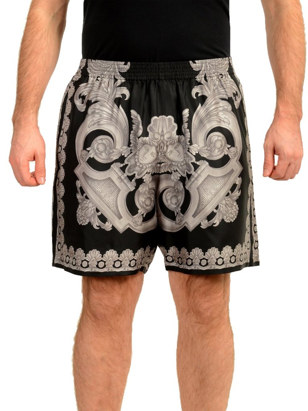 Versace Men's Heritage Print Black & Gray 100% Silk Shorts US 32 IT 48